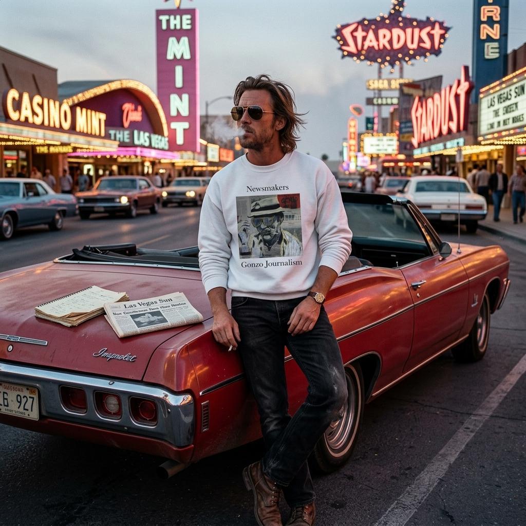Classic heavy-blend crewneck sweatshirt printed with Johnny X’s Newsmakers — Gonzo Journalism portrait over newspaper pages in black, white and gold.