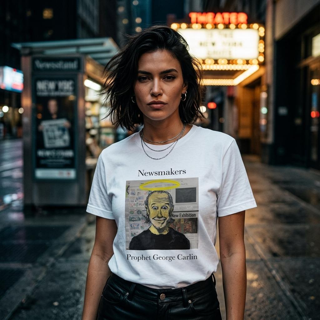 Heavyweight unisex tee featuring Johnny X’s Newsmakers portrait 'Prophet George Carlin' with a halo above the comedian