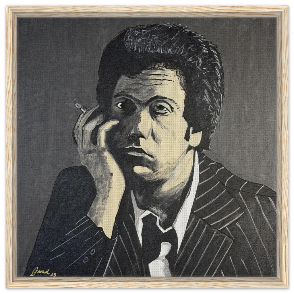 Monochromatic portrait of Billy Joel in black, white and gray on a 24×24 in framed canvas reproduction
