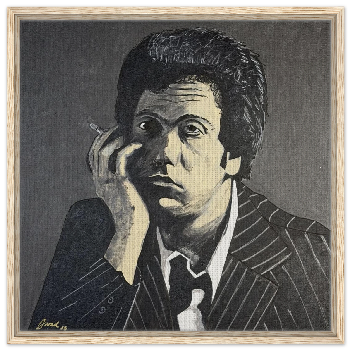 Monochromatic portrait of Billy Joel in black, white and gray on a 24×24 in framed canvas reproduction