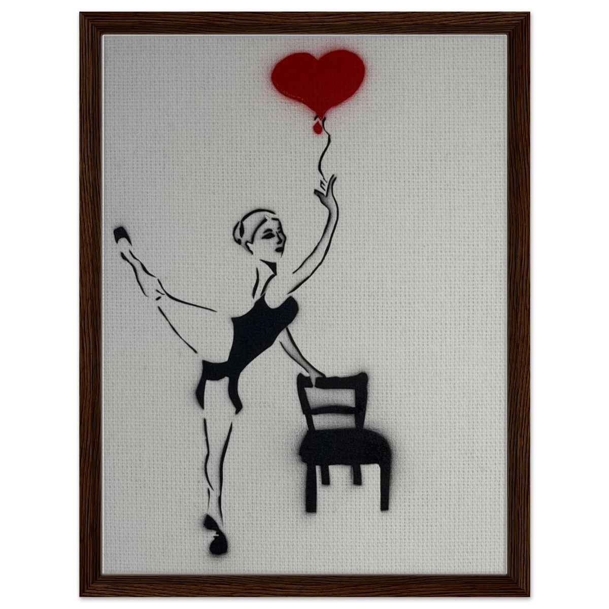 Framed 18×24 canvas reproduction of Balloon of Love: girl on one foot, empty chair, red heart balloon tied to her fingertips.