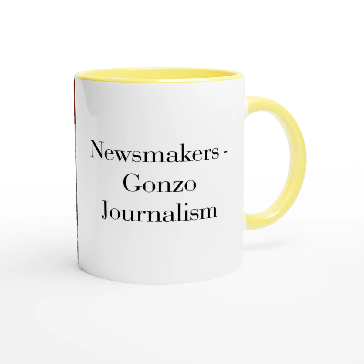 11 oz ceramic mug with Johnny X’s Newsmakers — Gonzo Journalism artwork: Thompson on newspaper pages in black, white and gold