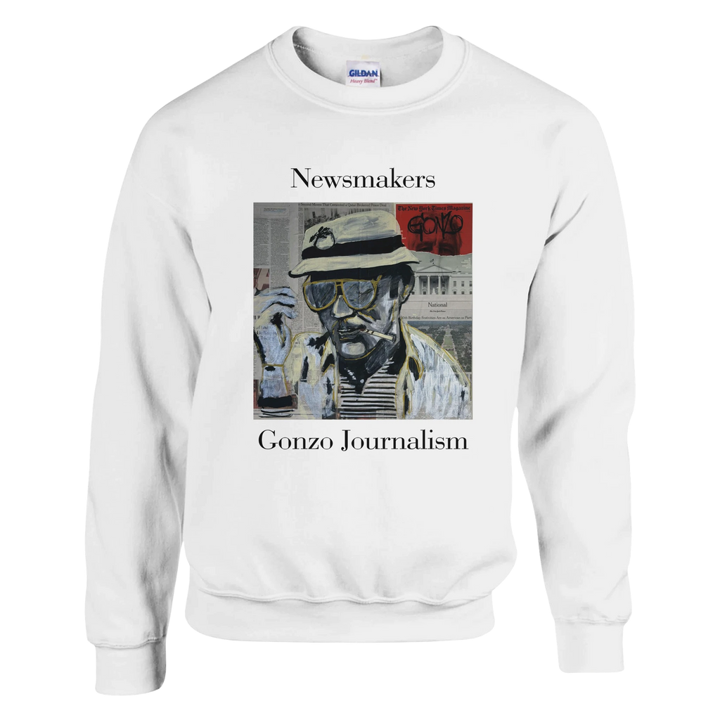 Classic heavy-blend crewneck sweatshirt printed with Johnny X’s Newsmakers — Gonzo Journalism portrait over newspaper pages in black, white and gold.
