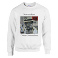 Classic heavy-blend crewneck sweatshirt printed with Johnny X’s Newsmakers — Gonzo Journalism portrait over newspaper pages in black, white and gold.