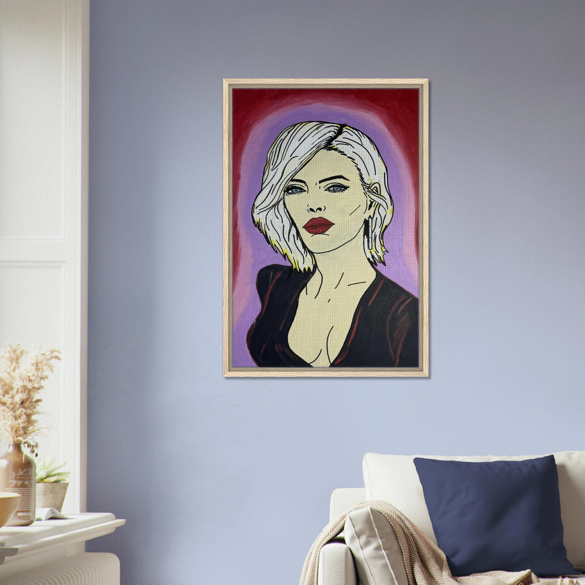 Framed canvas reproduction: portrait with platinum hair, piercing blue eyes and red lips against crimson and violet fields