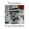 24×32 fine art giclée poster: Hunter S. Thompson in bucket hat and aviators over newspaper headlines with black, white and gold brushstrokes