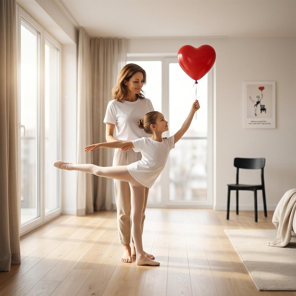 Heavyweight unisex tee printed with Johnny X’s Balloon of Love: a ballerina by an empty chair and a red heart balloon