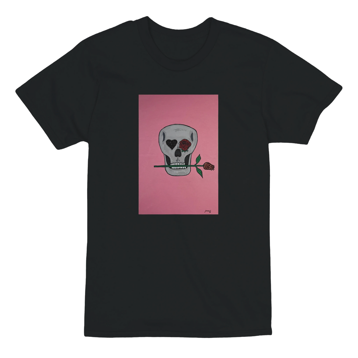Heavyweight unisex tee printed with Johnny X’s Skull and Roses: gray skull on a pink field, one eye a black heart and one a red rose