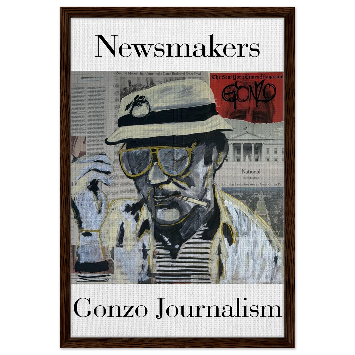 20×30 framed canvas: Thompson in bucket hat and aviators over newspaper collage with black, white and gold brushstrokes.