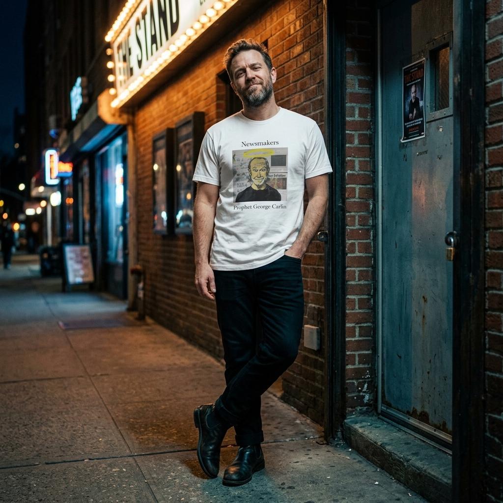 Heavyweight unisex tee featuring Johnny X’s Newsmakers portrait 'Prophet George Carlin' with a halo above the comedian