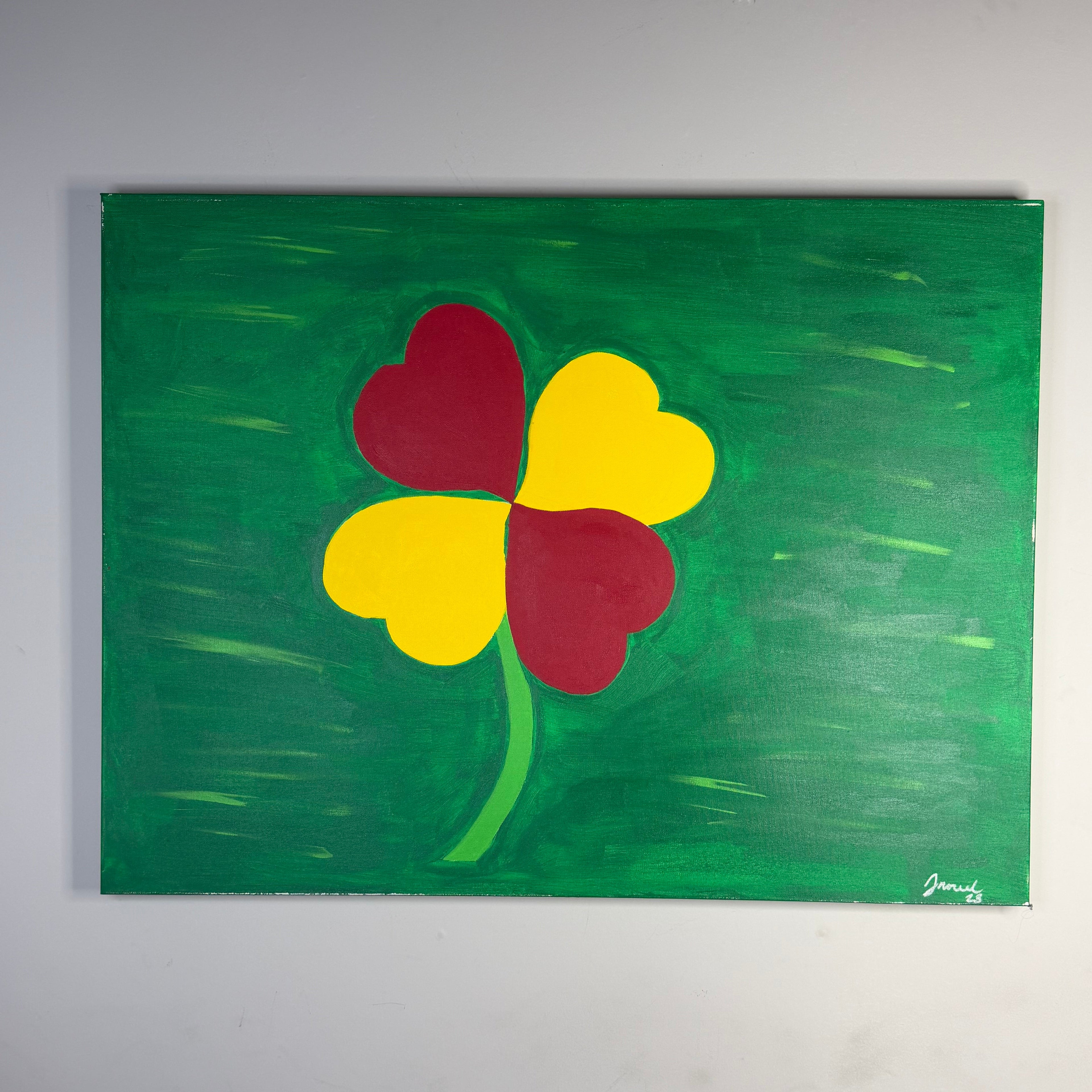 4 Hearts Clover by Johnny X, an early-period painting featuring four heart-shaped leaves in vibrant red and yellow forming a four-leaf clover against a textured green background, symbolizing love, luck, hope, and possibility.