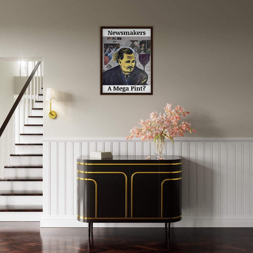"Newsmakers – A Mega Pint?" Framed Canvas 60x80 cm / 24x32″