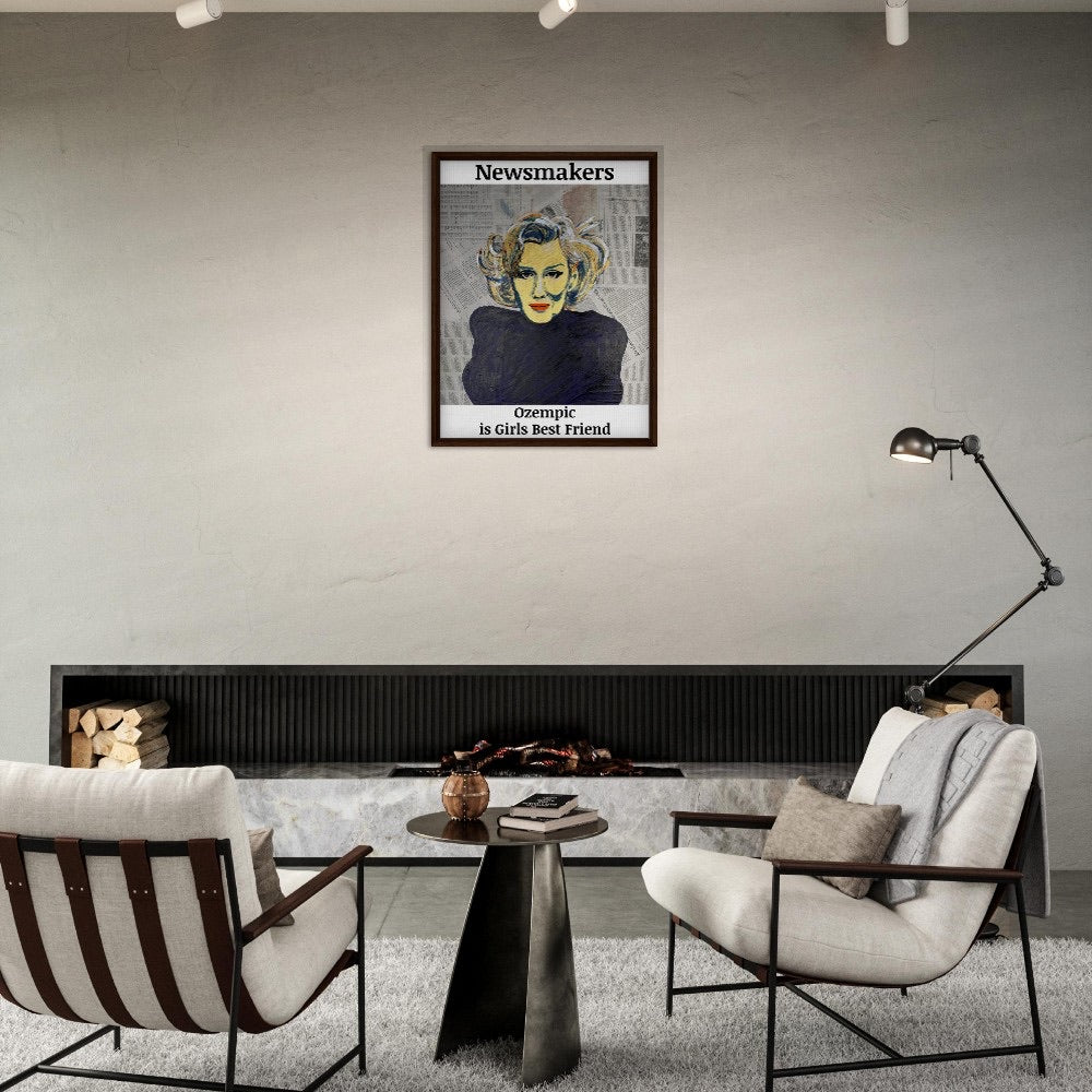 "NEWMAKERS – Ozempic Is a Girl's Best Friend" Framed Canvas 60x80 cm / 24x32″