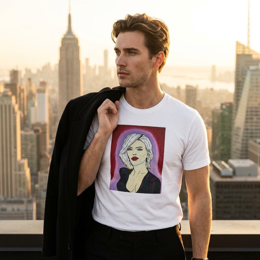 Heavyweight unisex tee printed with Johnny X's The Alchemist — portrait of a woman with platinum hair, piercing blue eyes and deep red lips