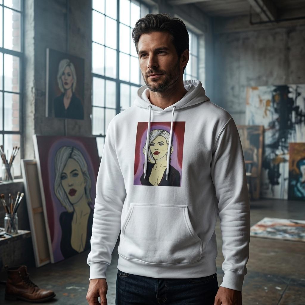 Classic hoodie printed with Johnny X’s The Alchemist — A Muse of the Divine portrait: platinum hair, piercing blue eyes and deep red lips