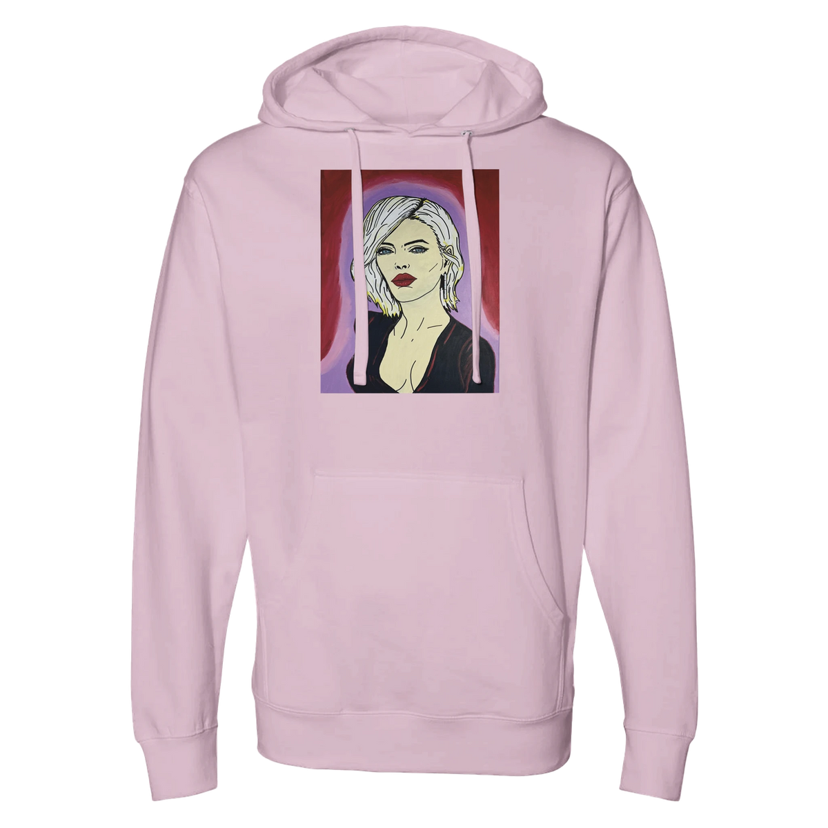 Classic hoodie printed with Johnny X’s The Alchemist — A Muse of the Divine portrait: platinum hair, piercing blue eyes and deep red lips