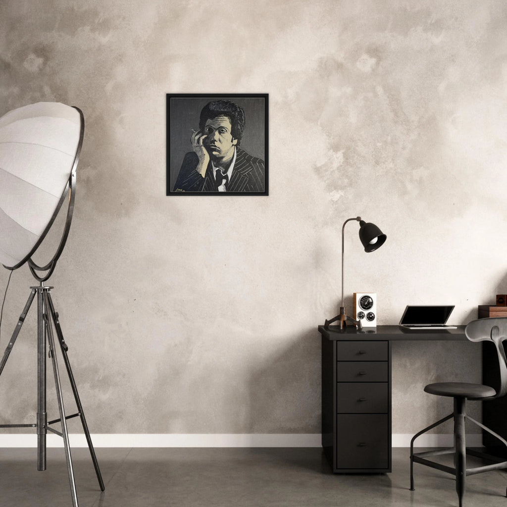 Monochromatic portrait of Billy Joel in black, white and gray on a 24×24 in framed canvas reproduction