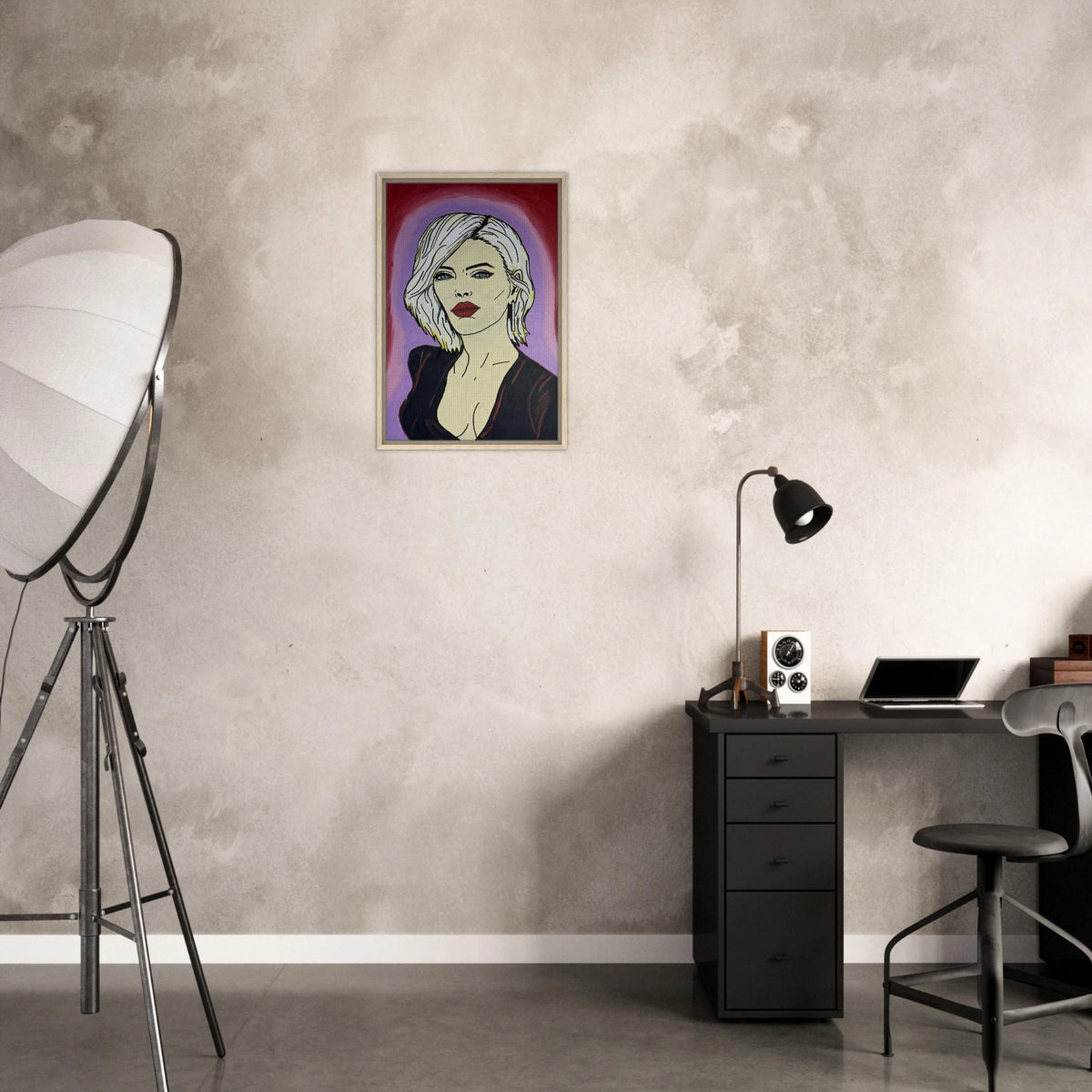 Framed canvas reproduction: portrait with platinum hair, piercing blue eyes and red lips against crimson and violet fields