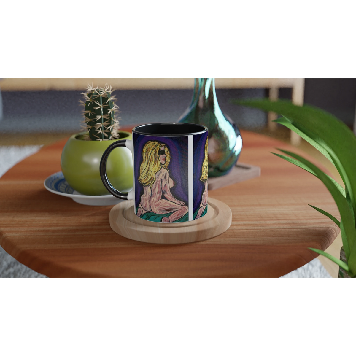 White 11 oz ceramic art mug featuring Johnny X's 'Bellissima — Blinded by Faith' artwork with colored rim, interior and handle