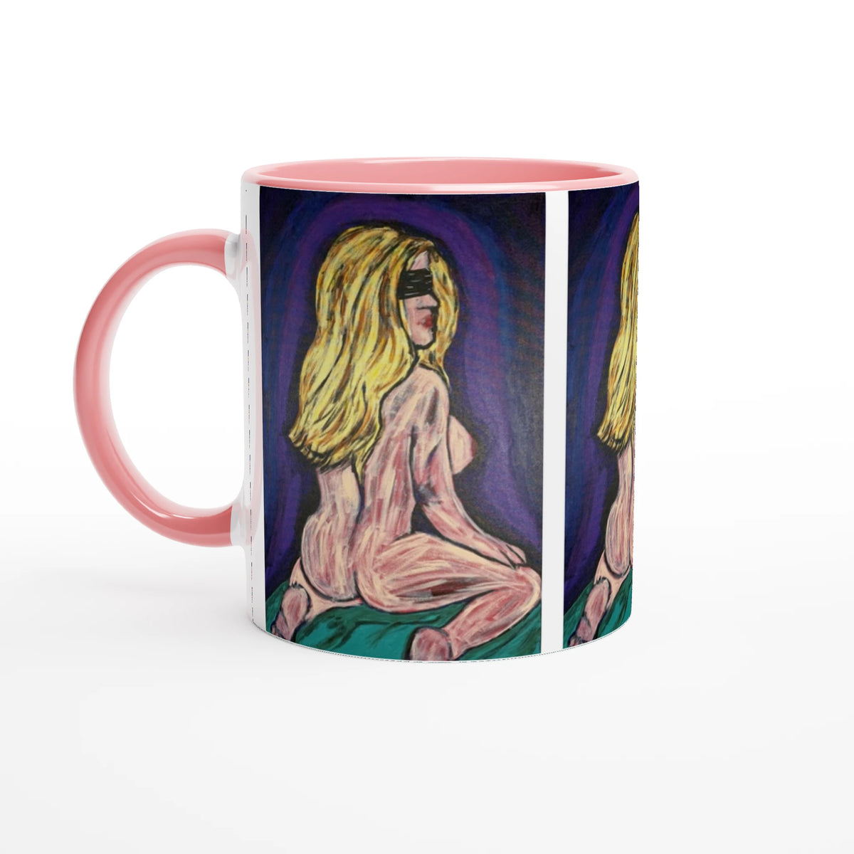 White 11 oz ceramic art mug featuring Johnny X's 'Bellissima — Blinded by Faith' artwork with colored rim, interior and handle