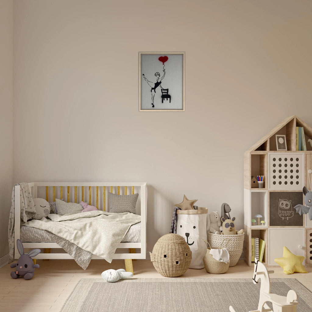 Framed 18×24 canvas reproduction of Balloon of Love: girl on one foot, empty chair, red heart balloon tied to her fingertips.