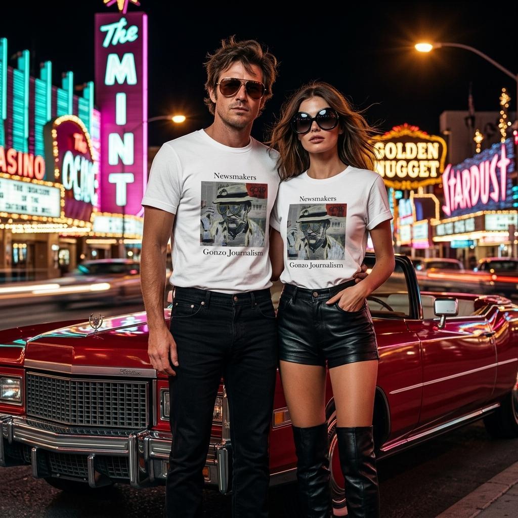 Heavyweight unisex tee printed with Johnny X's Newsmakers — Gonzo Journalism artwork: Thompson in bucket hat over visible newspaper pages