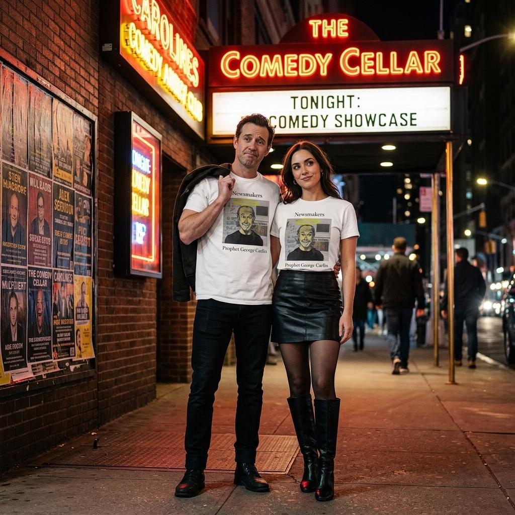 Heavyweight unisex tee featuring Johnny X’s Newsmakers portrait 'Prophet George Carlin' with a halo above the comedian