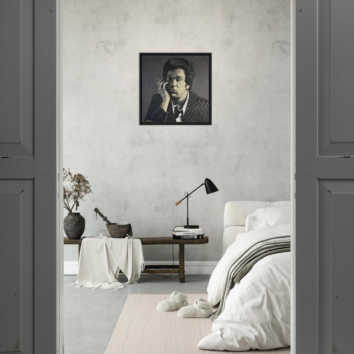 Monochromatic portrait of Billy Joel in black, white and gray on a 24×24 in framed canvas reproduction