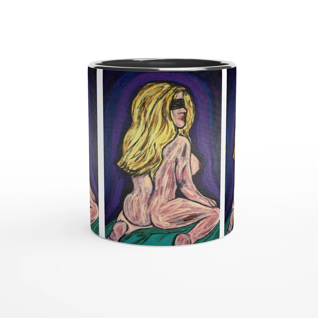 White 11 oz ceramic art mug featuring Johnny X's 'Bellissima — Blinded by Faith' artwork with colored rim, interior and handle