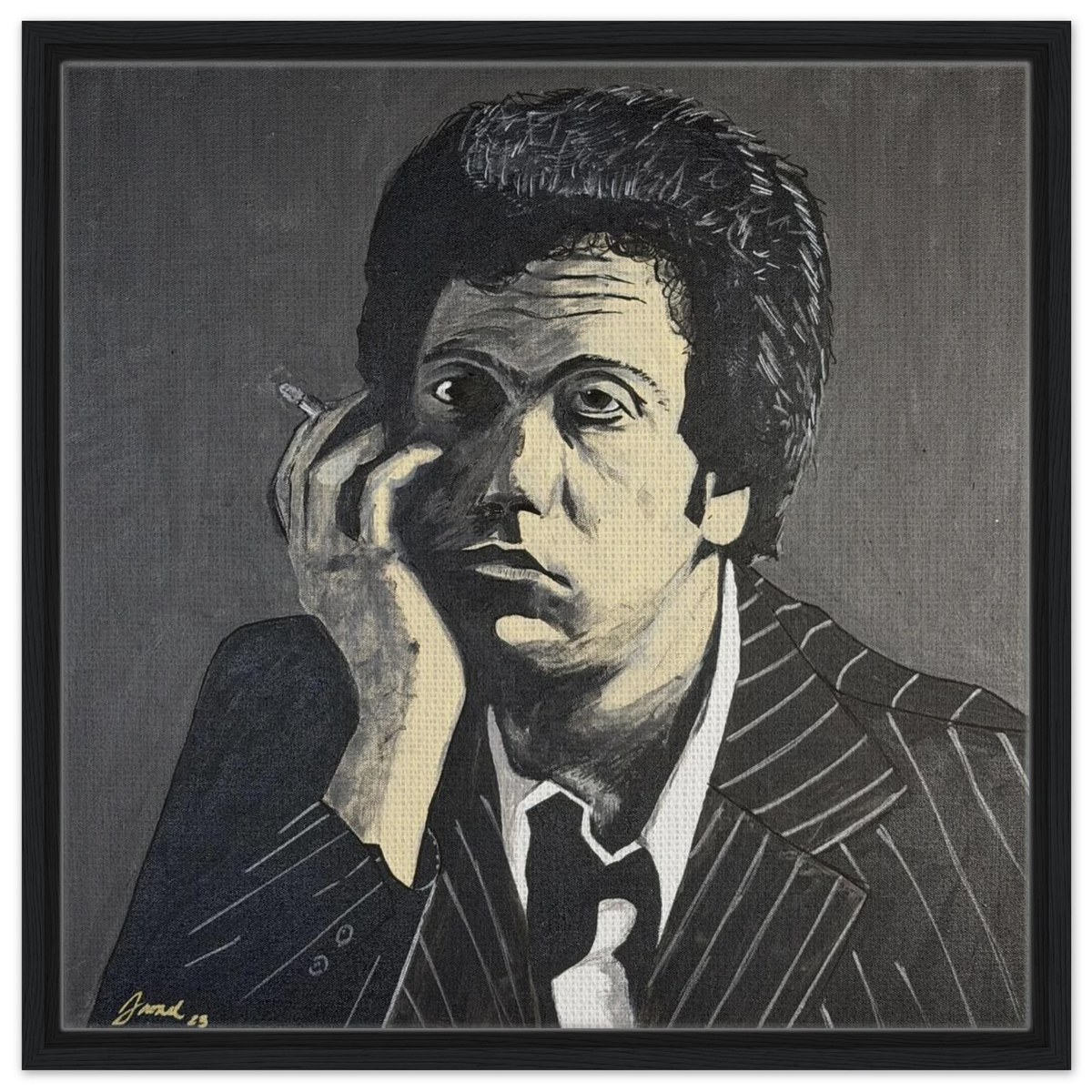 Monochromatic portrait of Billy Joel in black, white and gray on a 24×24 in framed canvas reproduction