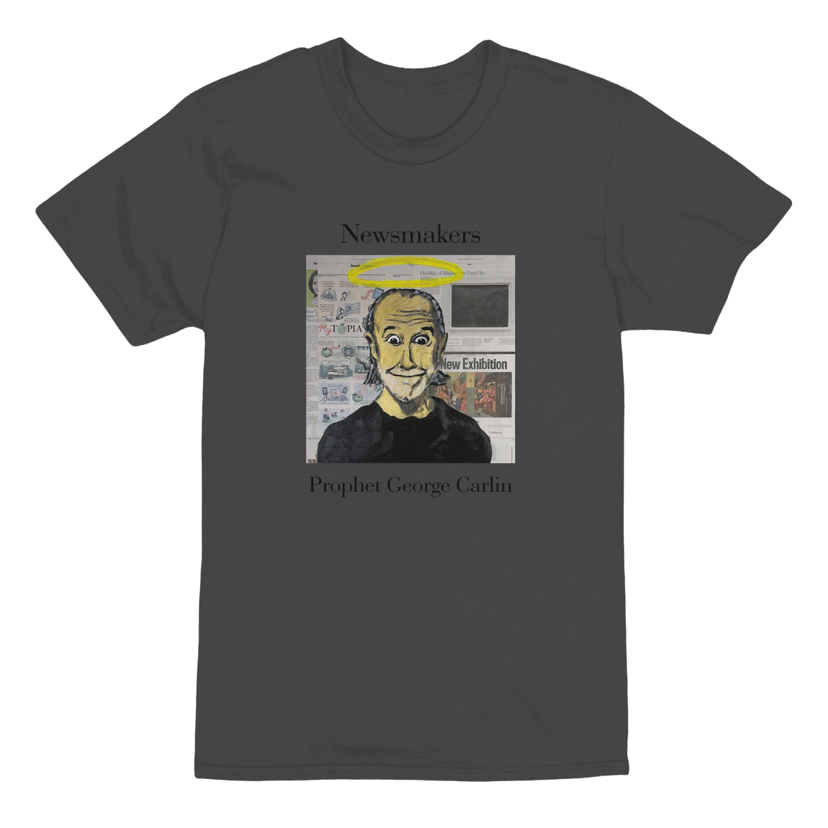 Heavyweight unisex tee featuring Johnny X’s Newsmakers portrait 'Prophet George Carlin' with a halo above the comedian