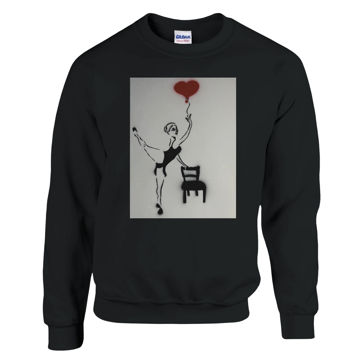 Classic heavy-blend crewneck featuring Johnny X’s Balloon of Love: a ballerina beside an empty chair with a single red heart balloon