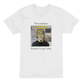 Heavyweight unisex tee featuring Johnny X’s Newsmakers portrait 'Prophet George Carlin' with a halo above the comedian