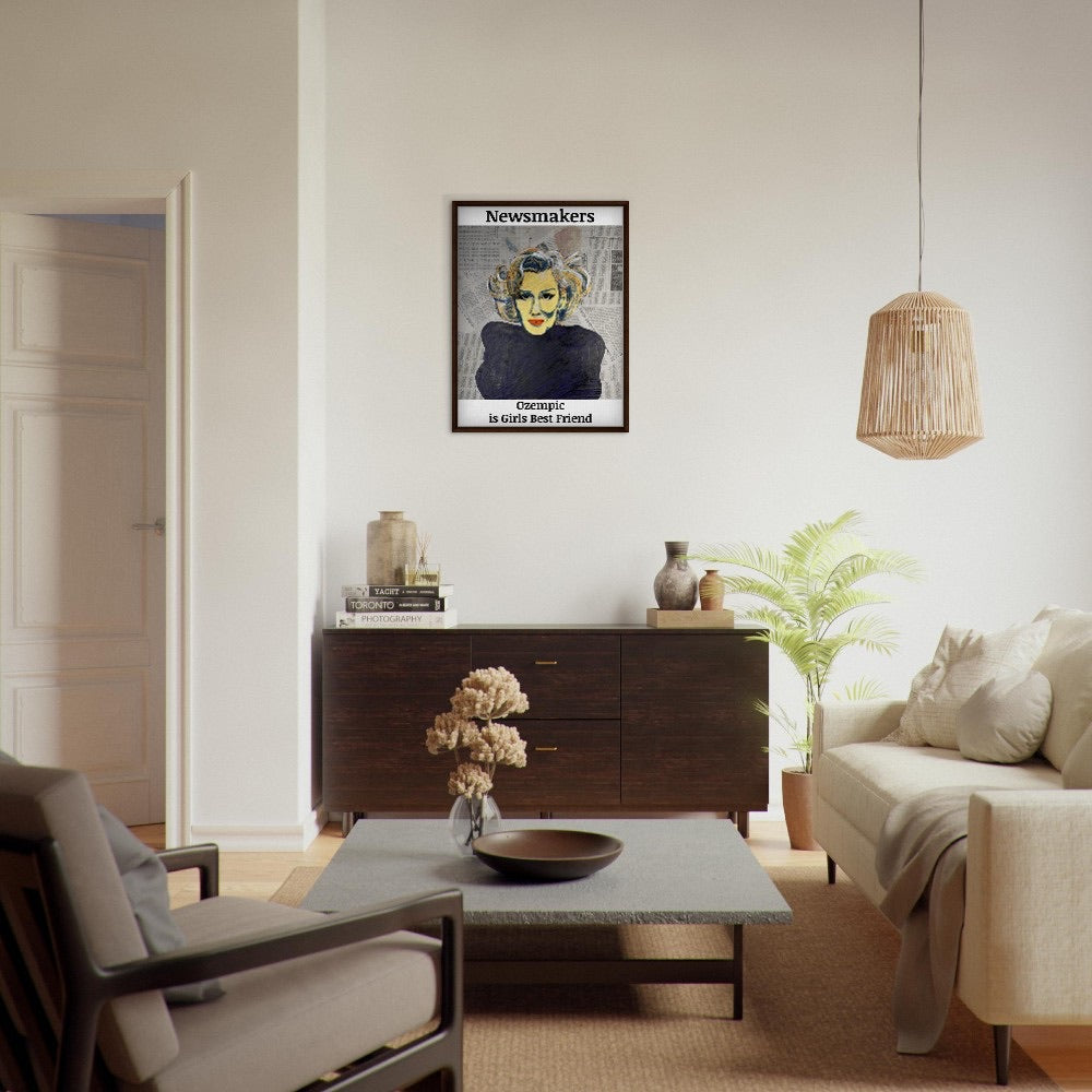"NEWMAKERS – Ozempic Is a Girl's Best Friend" Framed Canvas 60x80 cm / 24x32″