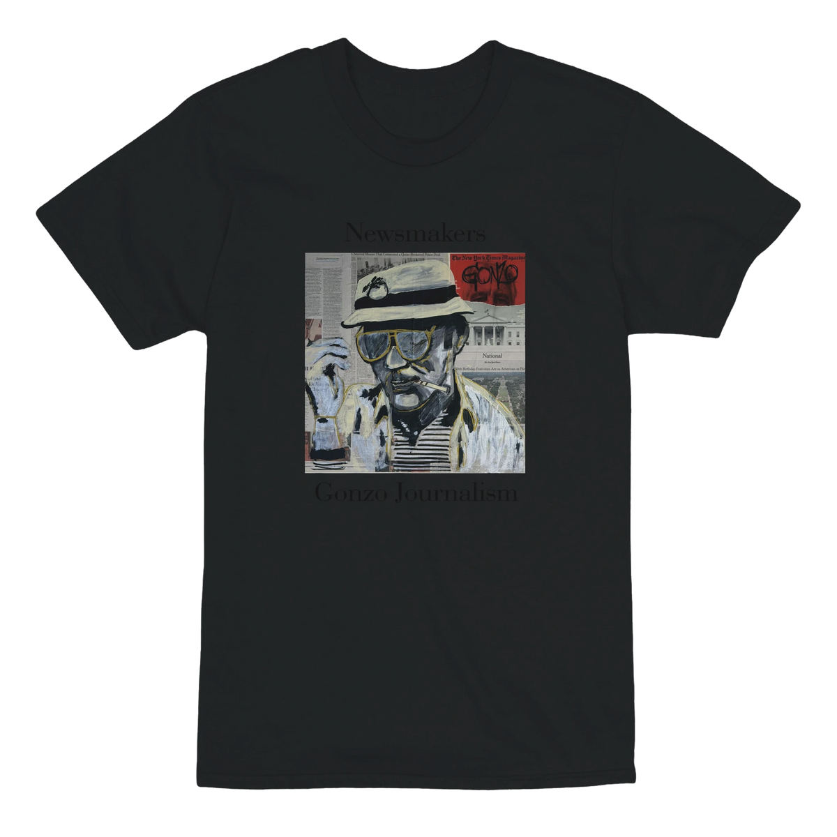 Heavyweight unisex tee printed with Johnny X's Newsmakers — Gonzo Journalism artwork: Thompson in bucket hat over visible newspaper pages