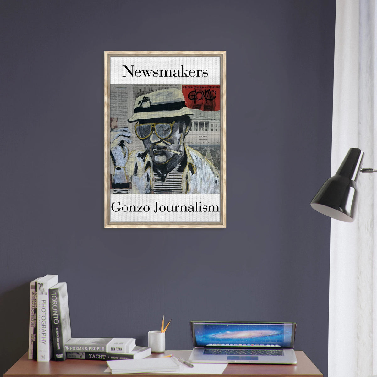 20×30 framed canvas: Thompson in bucket hat and aviators over newspaper collage with black, white and gold brushstrokes.