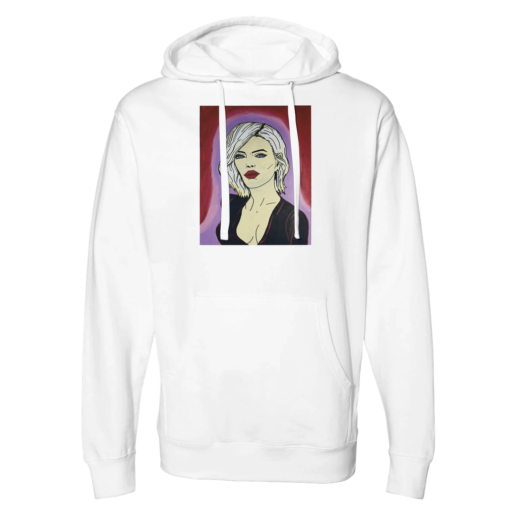 Classic hoodie printed with Johnny X’s The Alchemist — A Muse of the Divine portrait: platinum hair, piercing blue eyes and deep red lips