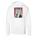 Classic hoodie printed with Johnny X’s The Alchemist — A Muse of the Divine portrait: platinum hair, piercing blue eyes and deep red lips