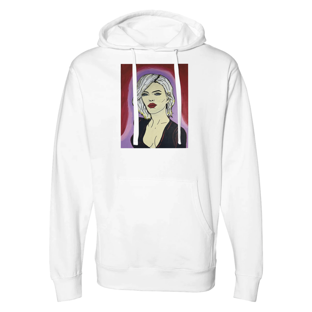 Classic hoodie printed with Johnny X’s The Alchemist — A Muse of the Divine portrait: platinum hair, piercing blue eyes and deep red lips