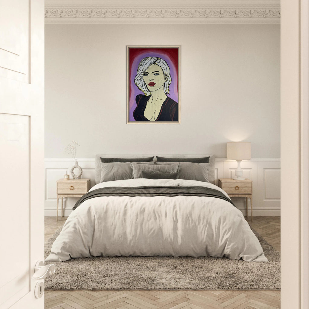 Framed canvas reproduction: portrait with platinum hair, piercing blue eyes and red lips against crimson and violet fields