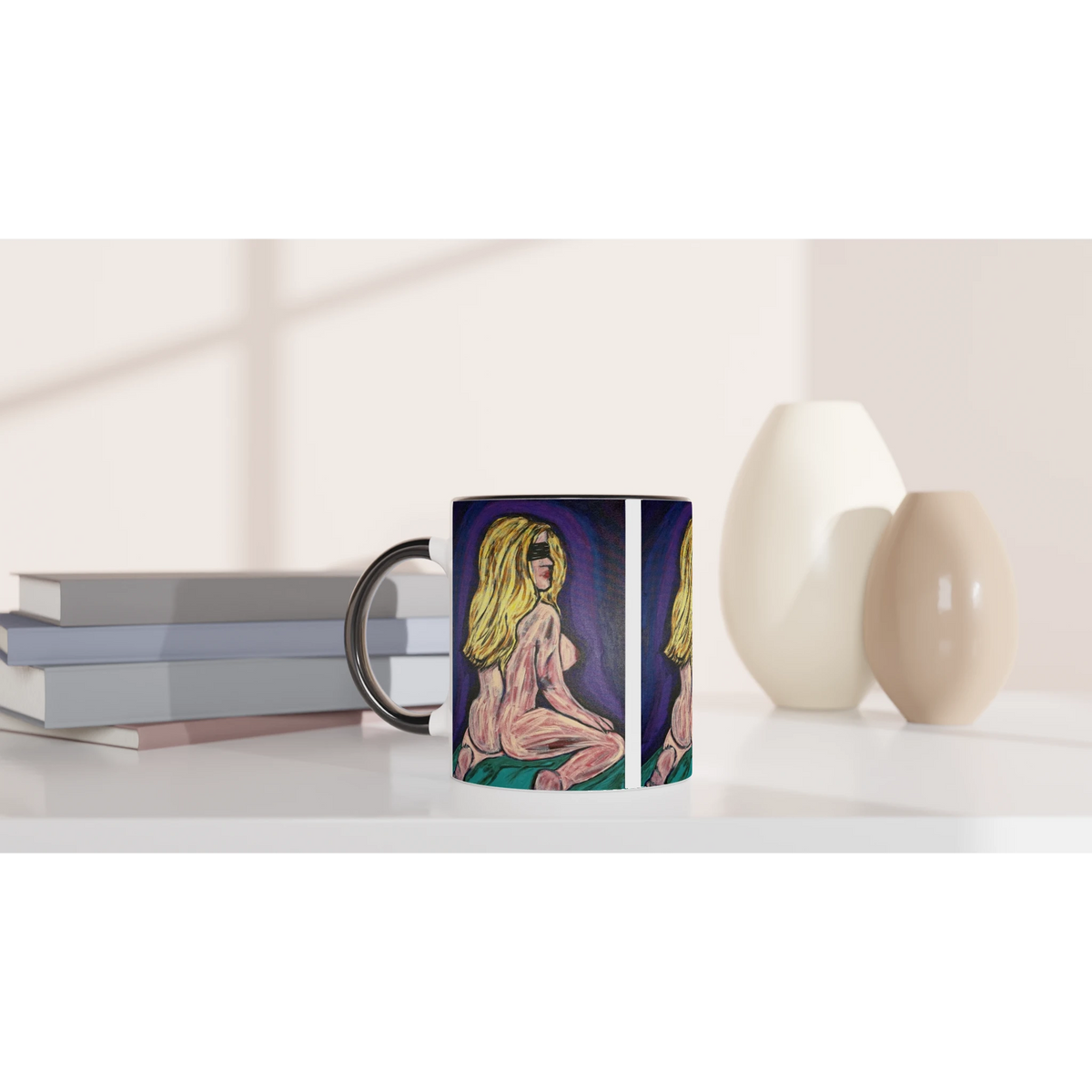 White 11 oz ceramic art mug featuring Johnny X's 'Bellissima — Blinded by Faith' artwork with colored rim, interior and handle