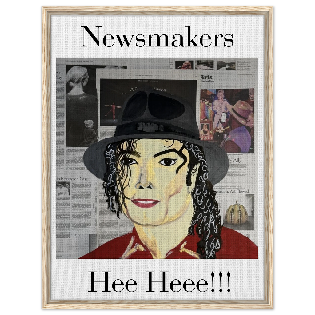 Framed 24 × 32 in. Johnny X 'Hee Heee!!!' canvas: Michael Jackson portrait layered over newspaper textures