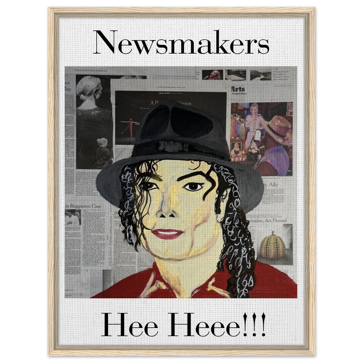 Framed 24 × 32 in. Johnny X 'Hee Heee!!!' canvas: Michael Jackson portrait layered over newspaper textures