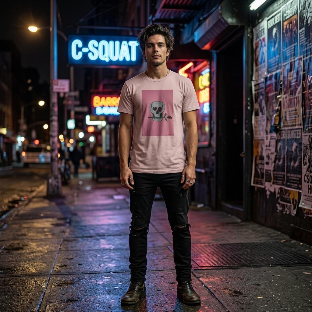 Heavyweight unisex tee printed with Johnny X’s Skull and Roses: gray skull on a pink field, one eye a black heart and one a red rose