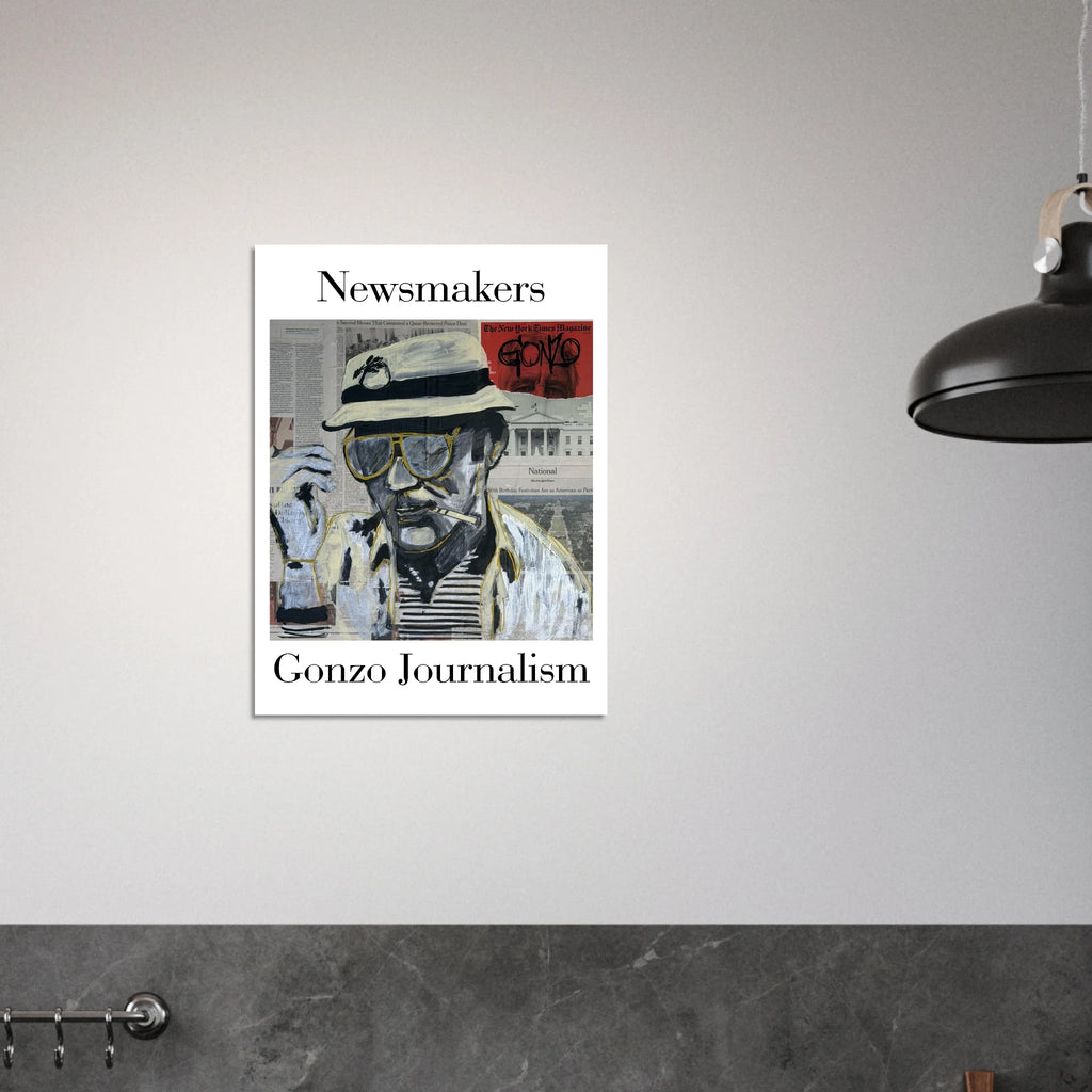 24×32 fine art giclée poster: Hunter S. Thompson in bucket hat and aviators over newspaper headlines with black, white and gold brushstrokes