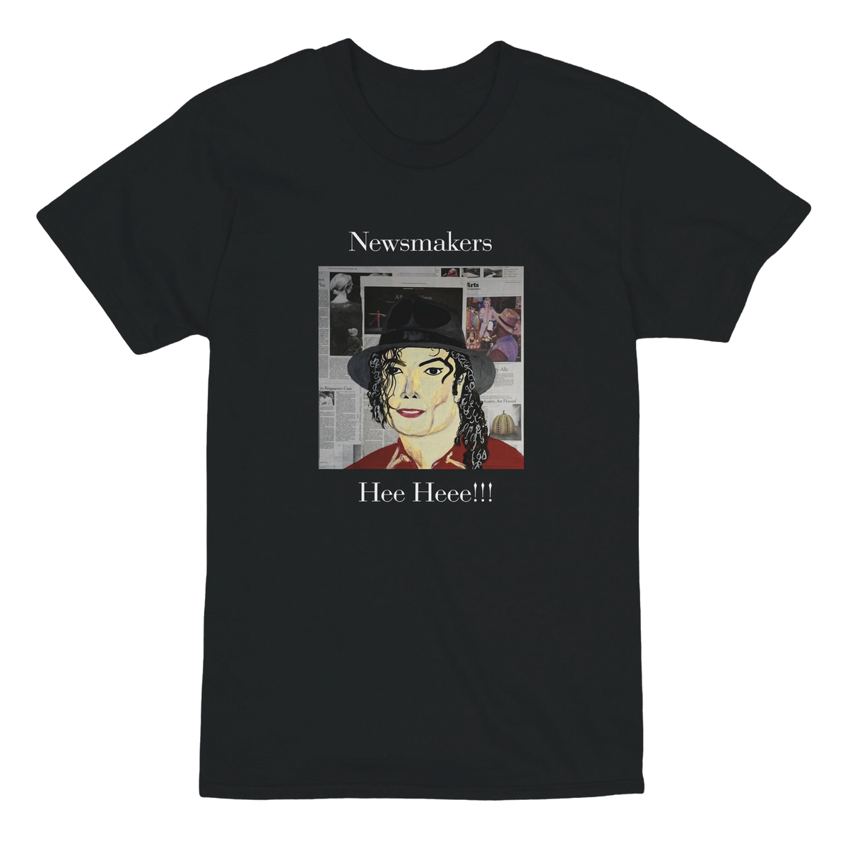 Heavyweight unisex tee featuring Johnny X's Newsmakers — Hee Heee!!! portrait of Michael Jackson over newspaper layers