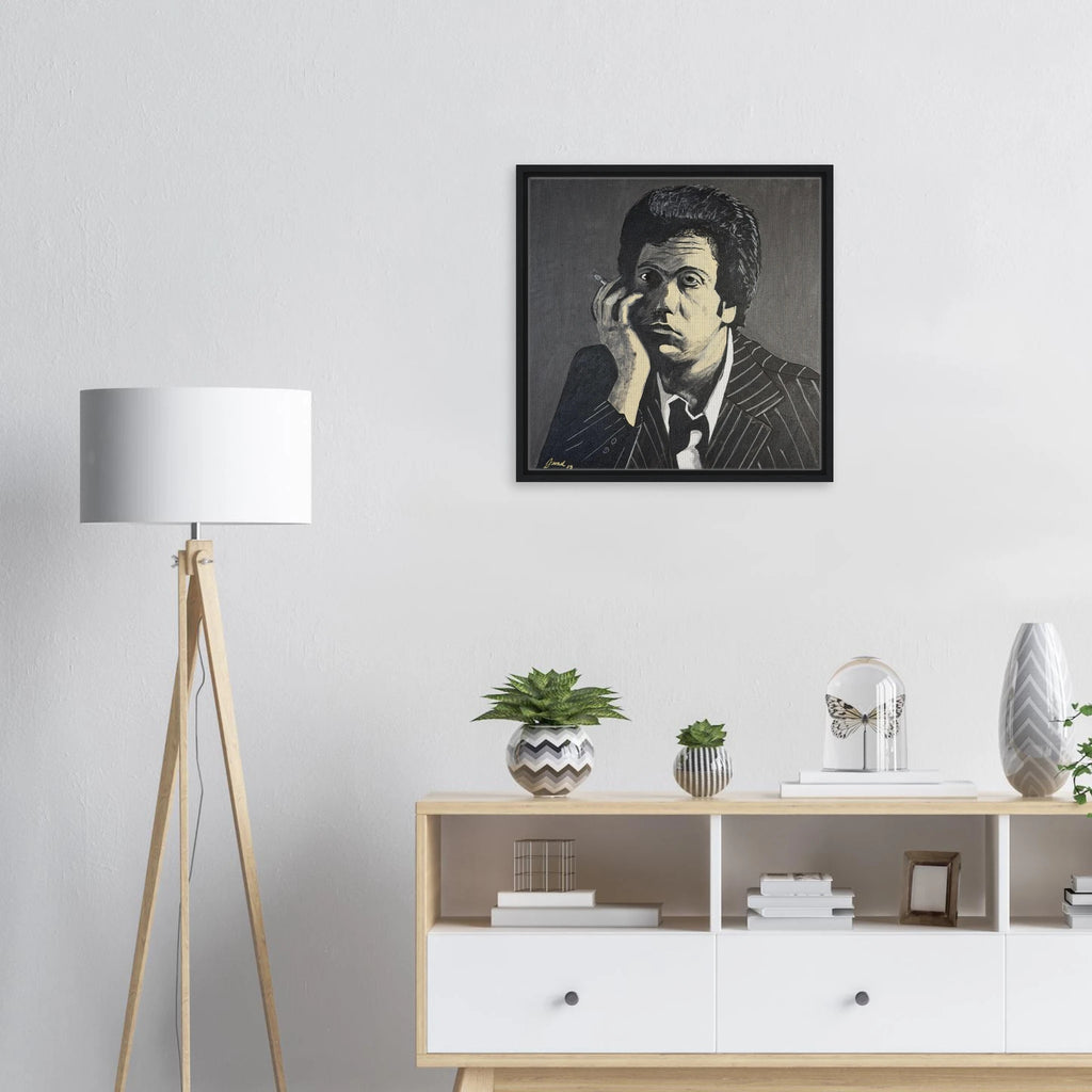 Monochromatic portrait of Billy Joel in black, white and gray on a 24×24 in framed canvas reproduction