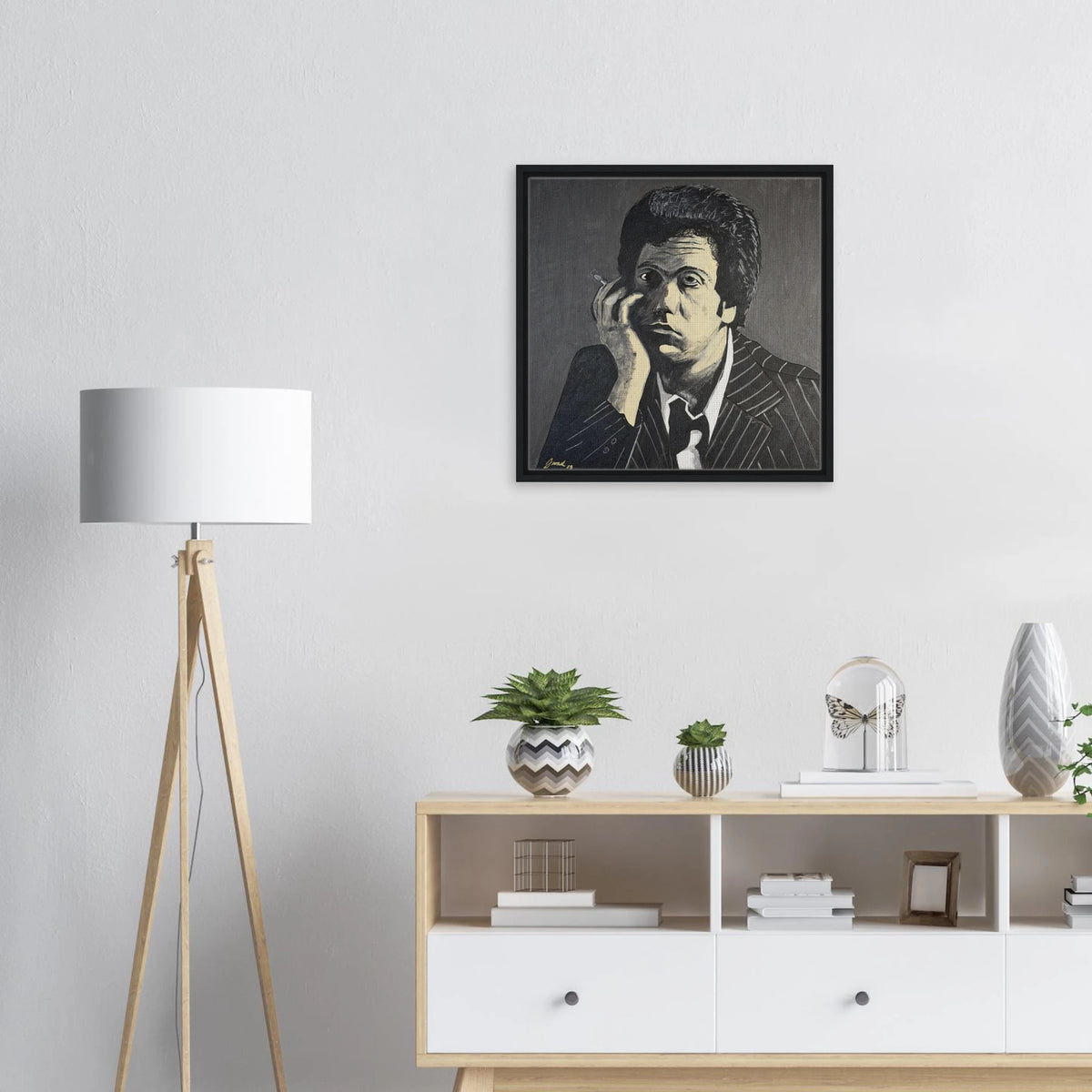 Monochromatic portrait of Billy Joel in black, white and gray on a 24×24 in framed canvas reproduction