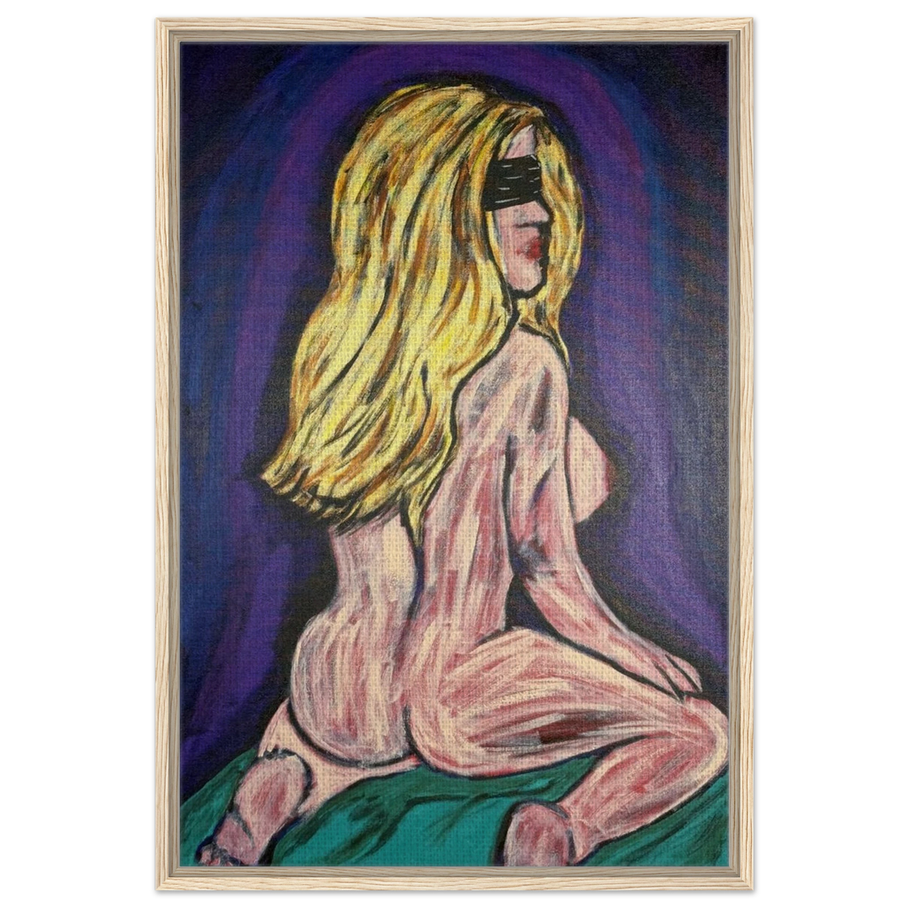 Framed canvas reproduction of Bellissima — Blinded by Faith: a blindfolded woman, exposed and vulnerable, awaiting love beyond darkness.