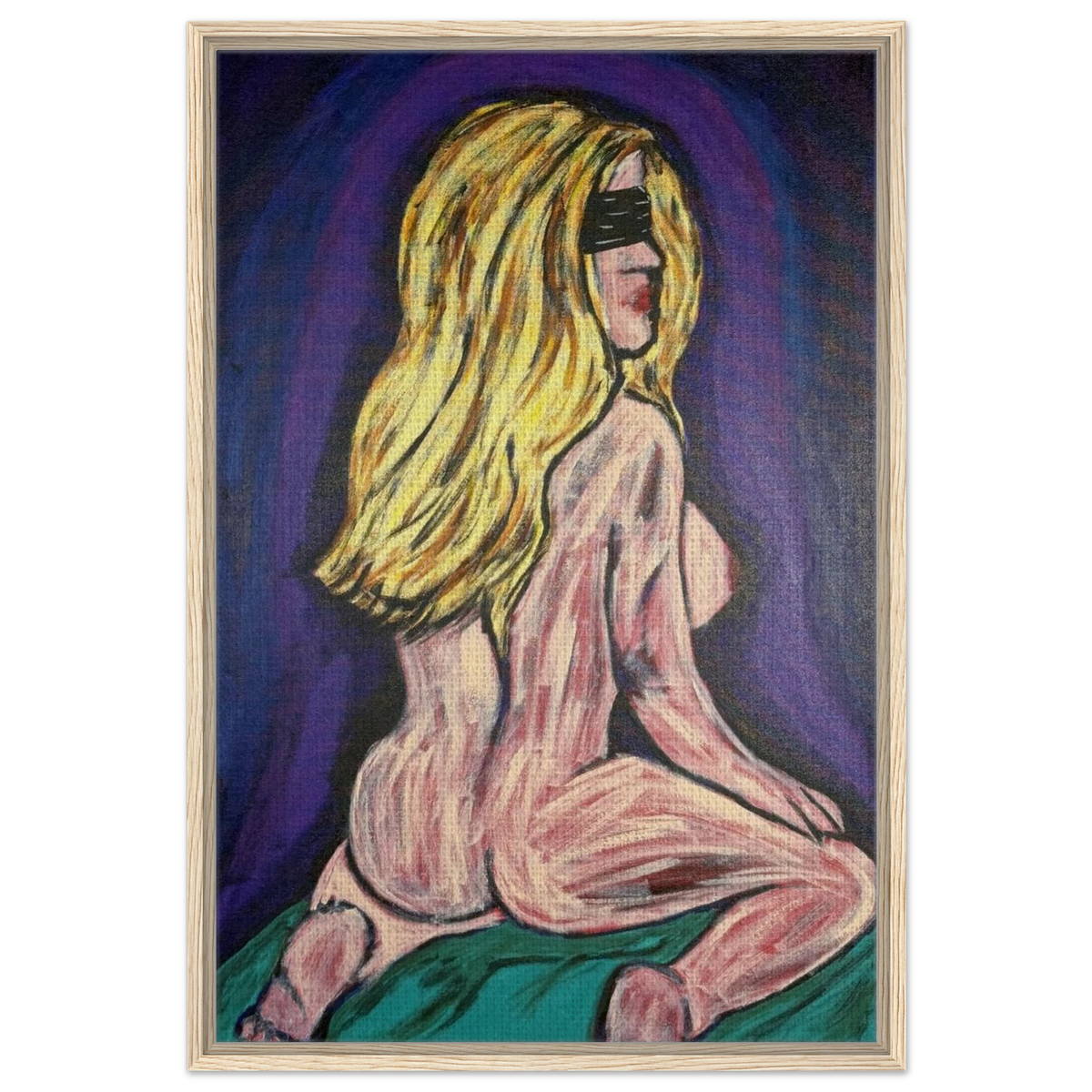 Framed canvas reproduction of Bellissima — Blinded by Faith: a blindfolded woman, exposed and vulnerable, awaiting love beyond darkness.